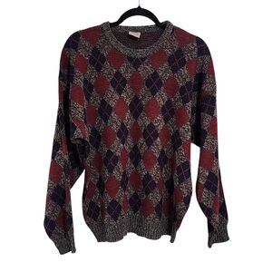 Vintage Mens Sweater L Argyle Burgundy Navy Grandpa